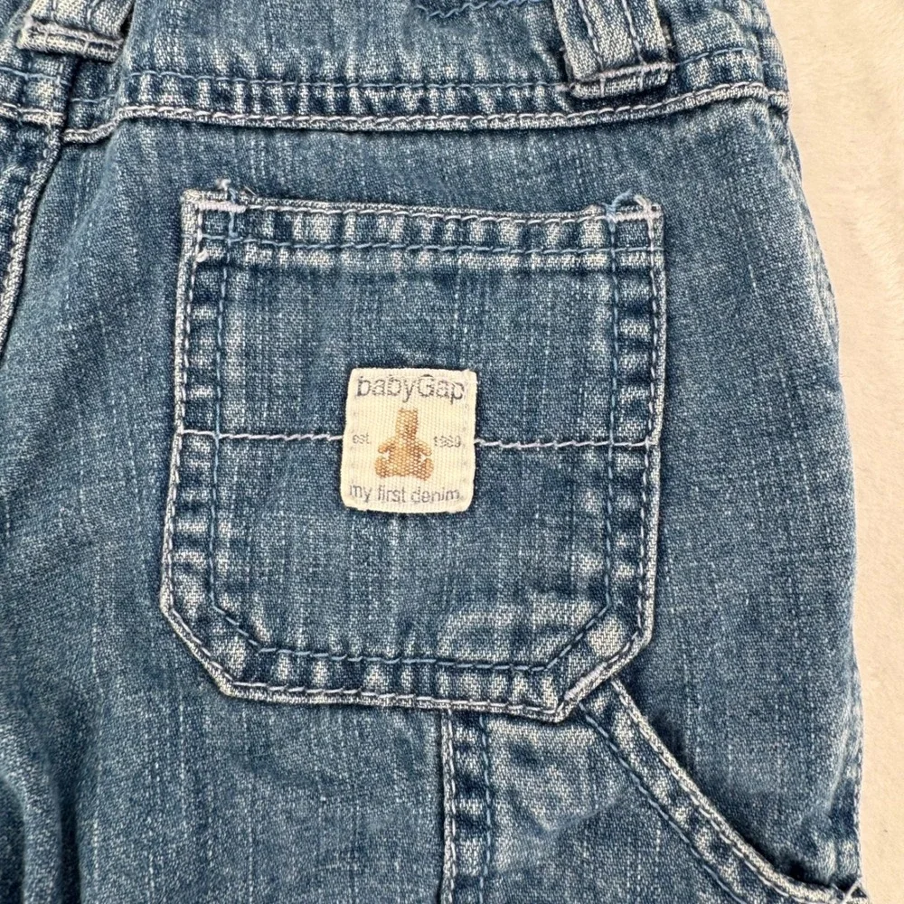 Baby Gap Denim Carpenter Pants Medium Wash Gingham Waist Size 6-12M Y2K 2000s